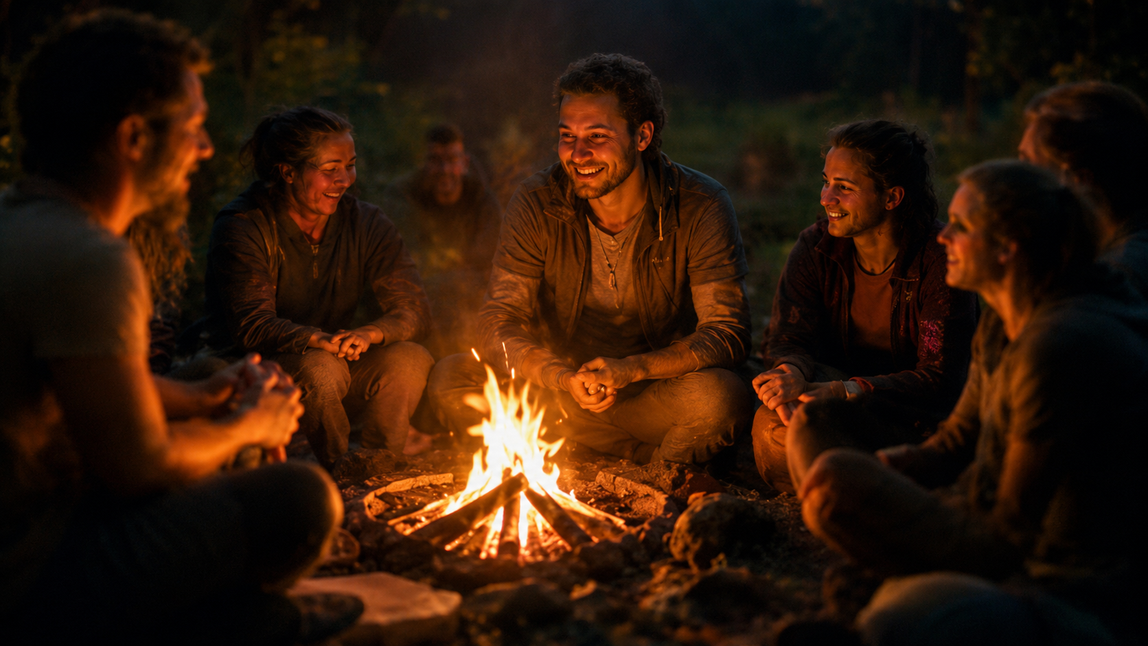 Gruppe im Gespräch am Lagerfeuer beim Abenteuer Gesundheit